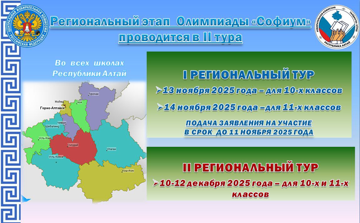 «Софиум» – 2025–2026. Избирательной комиссией Республики Алтай продолжается приём заявлений на участие в региональном этапе Всероссийской олимпиады школьников «Софиум», организованной ЦИК России «Софиум» – 2025–2026. Избирательной комиссией Республики Алтай продолжается приём заявлений на участие в региональном этапе Всероссийской олимпиады школьников «Софиум», организованной ЦИК России