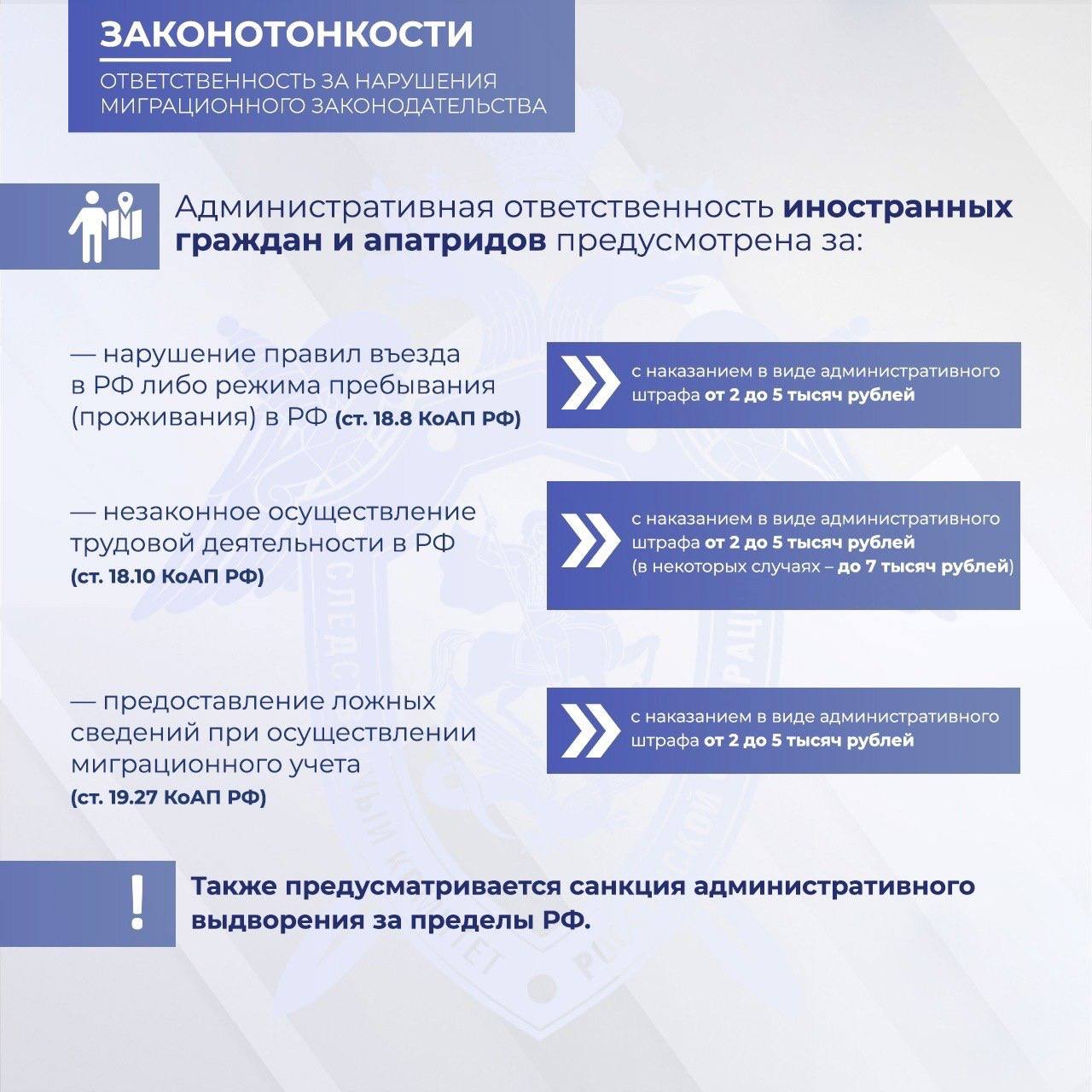Следственное управление СК России по Республике Алтай напоминает о недопустимости нарушения требований миграционного законодательства РФ, разъясняет об установленной ответственности и призывает к соблюдению действующего... Следственное управление СК России по Республике Алтай напоминает о недопустимости нарушения требований миграционного законодательства РФ, разъясняет об установленной ответственности и призывает к соблюдению действующего...