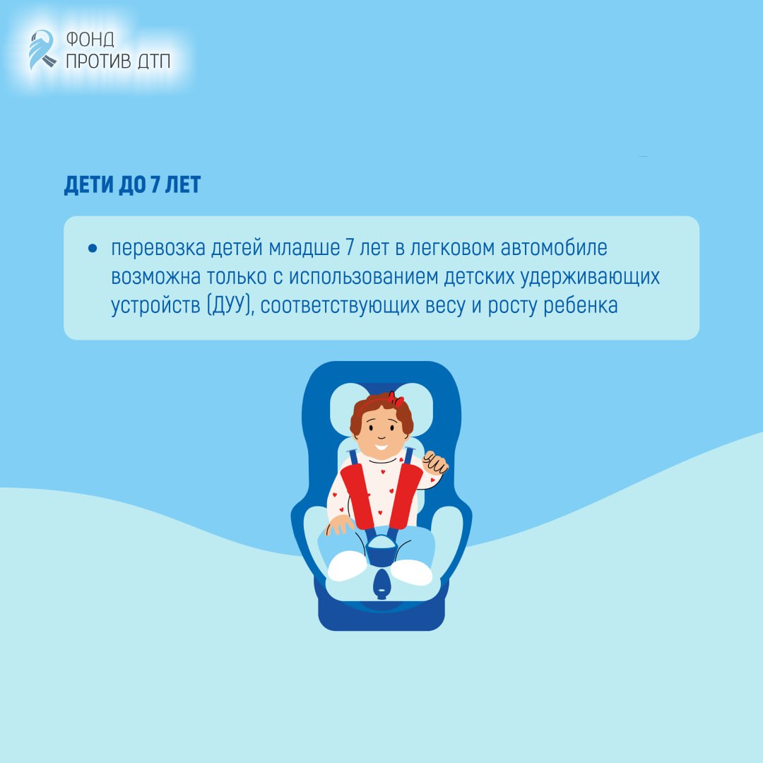 Перевозите детей безопасно — используйте только специальные удерживающие устройства! Этот простой шаг снижает риск тяжёлых травм при ДТП в два раза и помогает сохранить жизнь Перевозите детей безопасно — используйте только специальные удерживающие устройства! Этот простой шаг снижает риск тяжёлых травм при ДТП в два раза и помогает сохранить жизнь