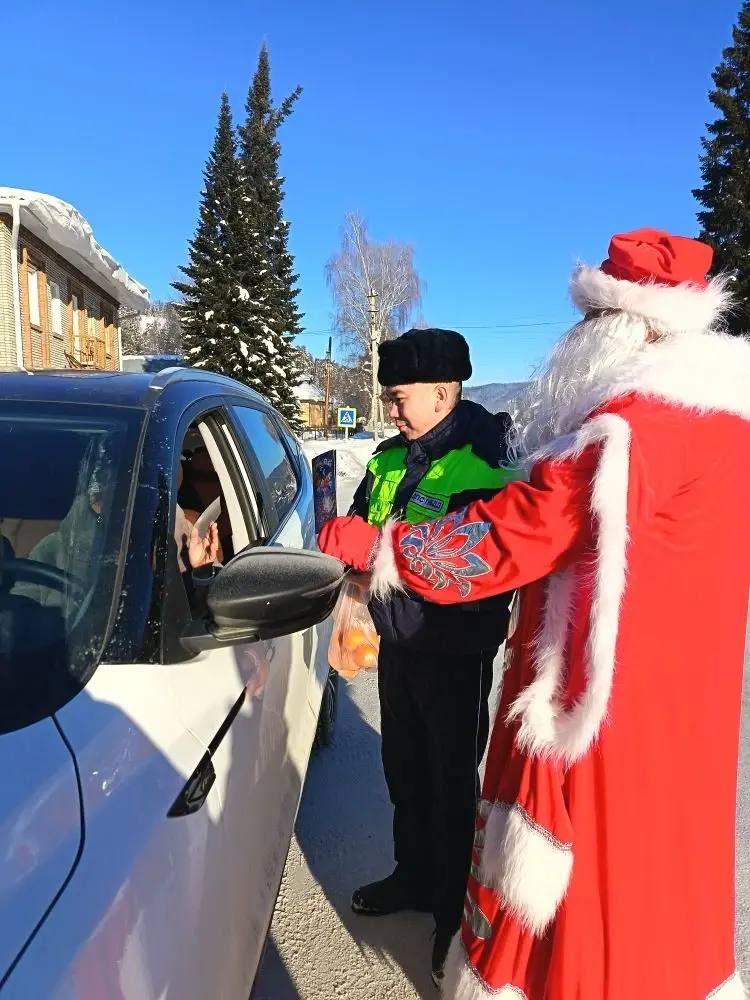 Полицейский Дед Мороз в Турочакском районе: мандарины вместо штрафов Полицейский Дед Мороз в Турочакском районе: мандарины вместо штрафов