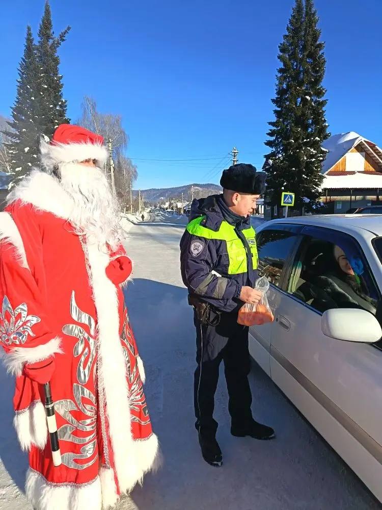 Полицейский Дед Мороз в Турочакском районе: мандарины вместо штрафов Полицейский Дед Мороз в Турочакском районе: мандарины вместо штрафов