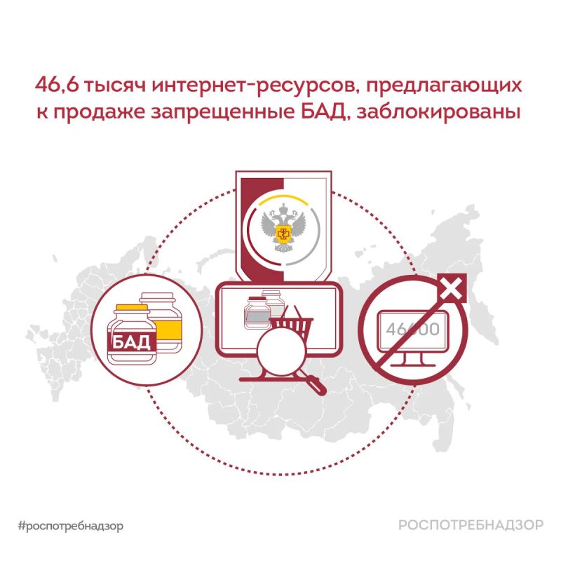 Специалисты Роспотребнадзора продолжают выявлять и блокировать интернет-ресурсы, распространяющие информацию о розничной продаже биологически активных добавок (БАД), реализация которых запрещена в России